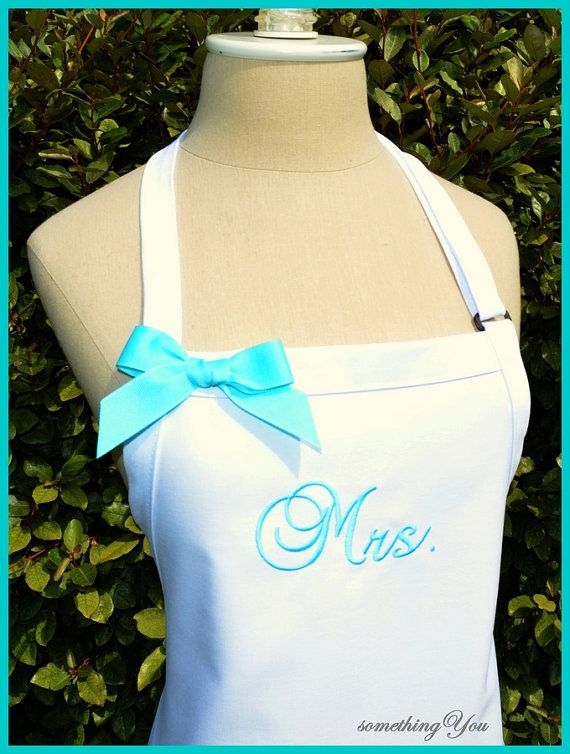 Hochzeit - Custom Mrs. Wedding Dress Apron - Brides Bridal Wedding Colors Reception Shower Gift Idea Personalized Ribbon Bow White Aqua Tiffany Blue