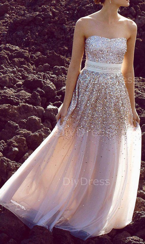 Wedding - A-line Strapless Gold Sequins Lace Champagne Tulle Floor-lenth Prom Dresses,Beaded Evening Dresses