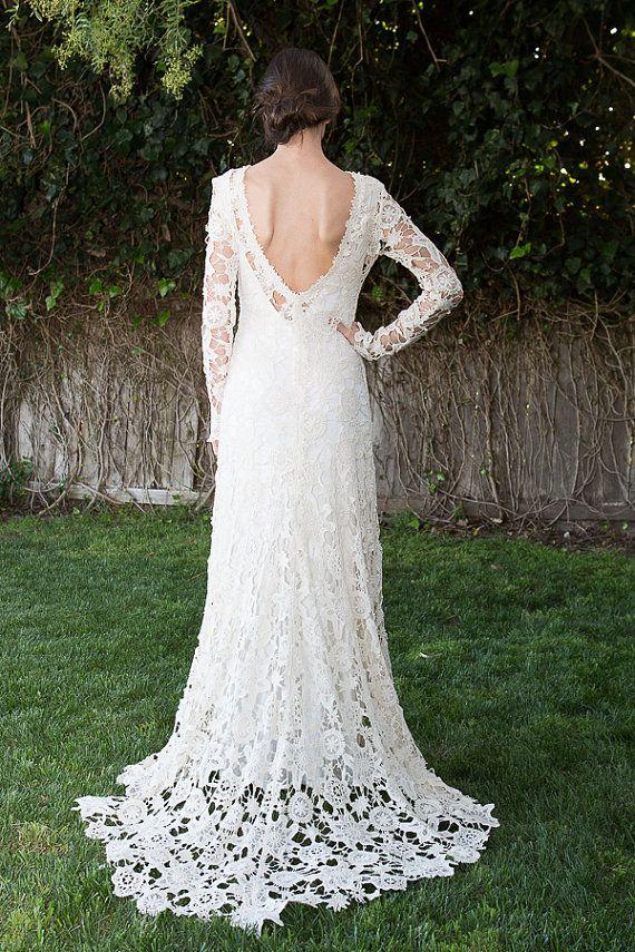Hochzeit - Low Back Bohemian Wedding Dress. Crochet Lace Dress. Long Sleeves. Train. Vintage Inspired Boho Wedding Dress. Open Back. Ivory Or White