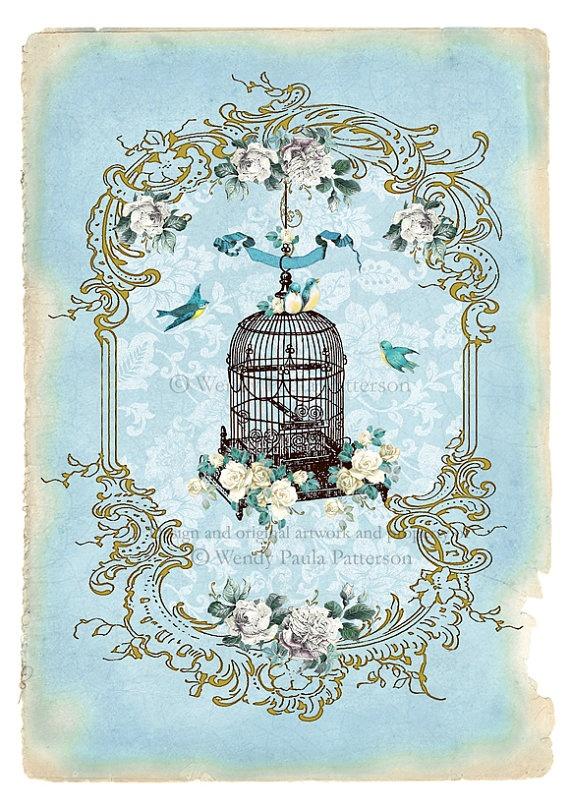 Hochzeit - Birdcage, Giclee, Art Print, Ornate Gold Frame, Damask, Paris, Spring Blossom, Birds, Blue, Vintage Style Art