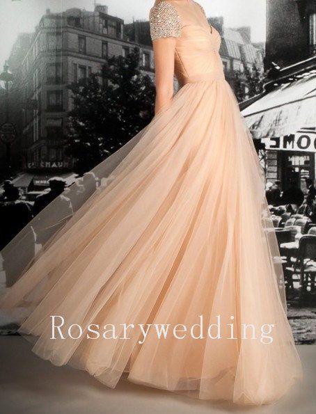 Mariage - Cap Sleeves Champagne Tulle Prom Dress