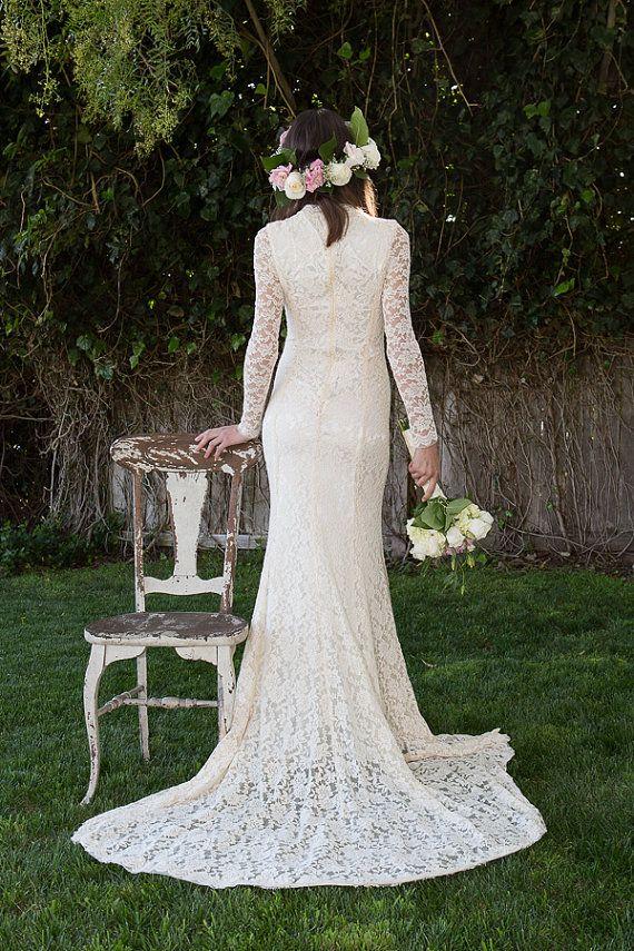 Wedding - Classic Lace Wedding Dress With Long Sleeve. Stretch Embroidered Lace Wedding Gown. Vintage Inspired Bohemian Wedding Dress. Ivory Or White