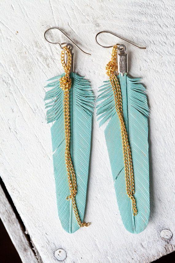 Hochzeit - Turquoise Leather Feather Earrings With Gold Colored Chain