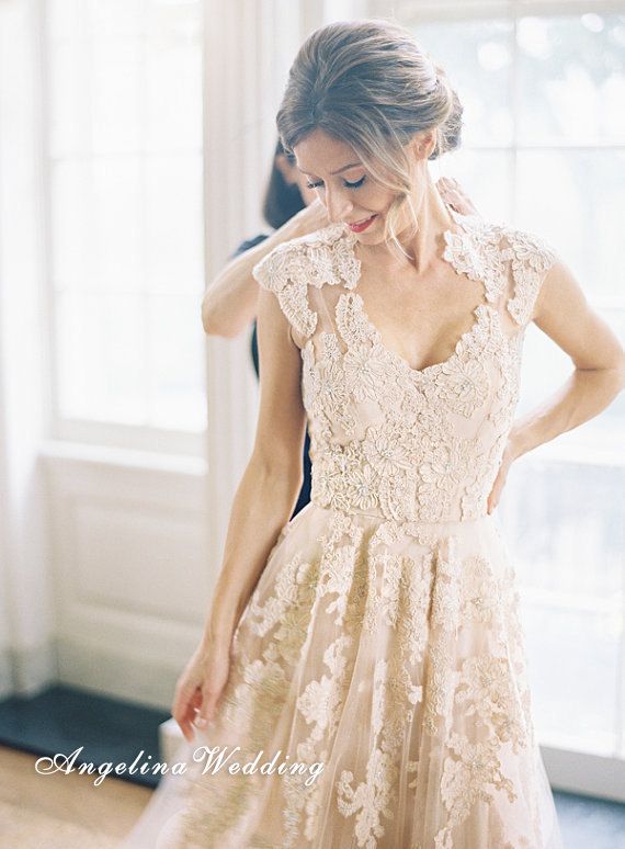 Wedding - Lace Wedding Dress/Sleeveless Wedding Dress/ V-Neck Bridal Dress/Custom Wedding Dress