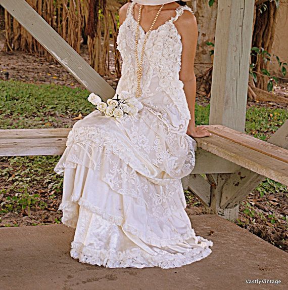 Mariage - Romantic Bohemian Lace Ruffled Dress Reclaimed Ivory White Wedding Gown Layers Of Vintage Lace, Silk, Tulle, Netting, Hankies, Rosettes