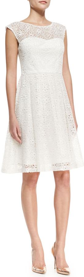 Wedding - Sue Wong Cap-Sleeve Eyelet Fit-and-Flare Cocktail Dress, White
