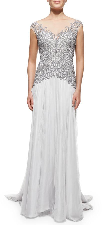Mariage - Catherine Deane Cap-Sleeve Beaded-Bodice Gown