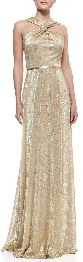 Wedding - David Meister Halter-Style Metallic Gown, Gold