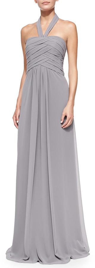 Wedding - ML Monique Lhuillier Halter Woven Ruched-Bodice Gown, Slate