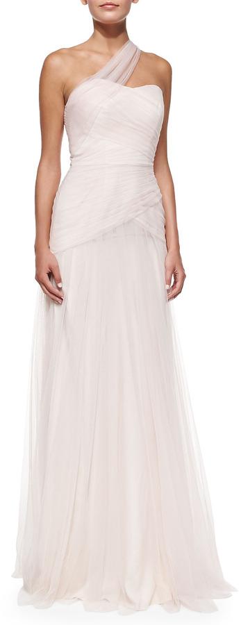 Hochzeit - ML Monique Lhuillier One-Shoulder Draped Tulle Gown, Blush