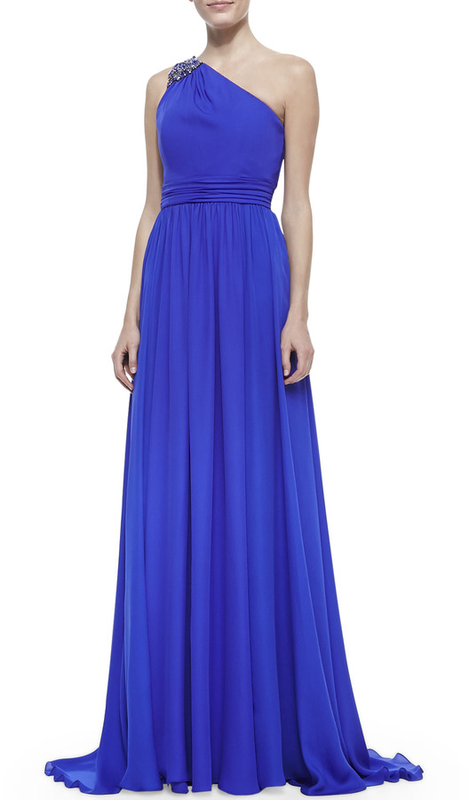 Hochzeit - Badgley Mischka Collection Beaded One-Shoulder Ruched-Waist Gown, Ultra Violet