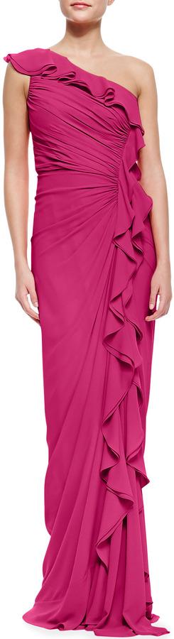 زفاف - Badgley Mischka Collection One-Shoulder Ruched Ruffle-Front Silk Gown, Fuchsia