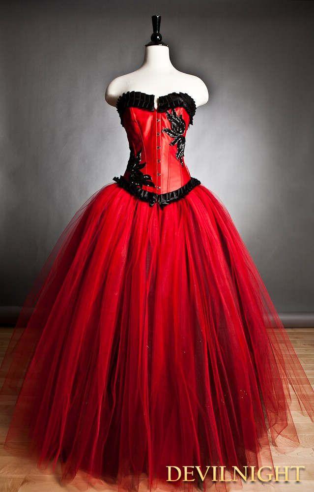 Wedding - Red and Black Romantic Gothic Corset Prom Gown