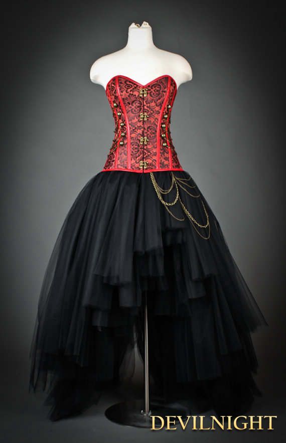 Wedding - Red and Black Gothic Steampunk Corset High-Low Prom Party Dress