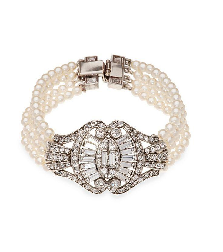 Mariage - Bridal 4 Row Pearl And Crystal Sweetheart Bow Bracelet