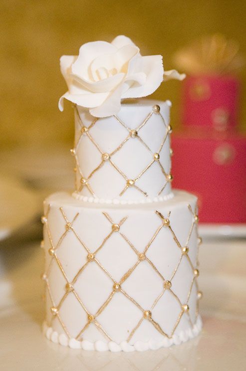 Wedding - Gold Quilting And A White Rose Dress Up This Miniature Wedding Cake.