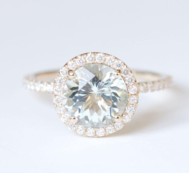 Hochzeit - HOLIDAY SALE - Aquamarine Diamond Halo Engagement Ring 14K Yellow Gold