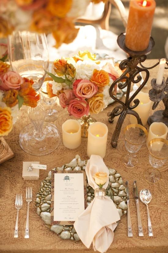 Hochzeit - Table Design - Settings And Napkins / Gorgeous Table Setting With Orange And Champagne Flowers.