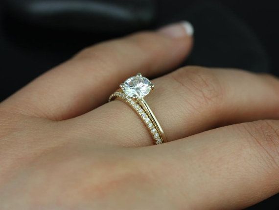 Hochzeit - Skinny Alberta & Romani 14kt Yellow Gold Round FB Moissanite And Diamonds Wedding Set (Other Metals And Stone Options Available)