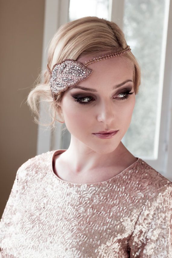 زفاف - Art Deco Bridal Headpiece With Gold Setting And Pink Rhinestone Headband, Seed Bead Leaf Headdress, Bridal Hair Comb Style: Cleopatra #1409