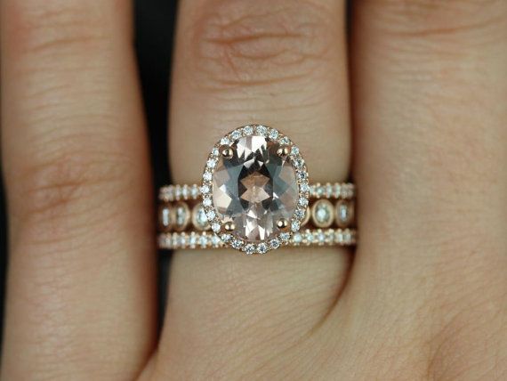Wedding - Original Jessica & Bubbles 14kt Rose Gold Oval Morganite And Diamonds Halo TRIO Wedding Set (Other Metals And Stone Options Available)