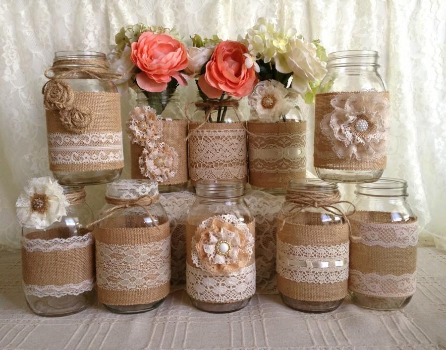 Hochzeit - rustic burlap and lace covered mason jar vases