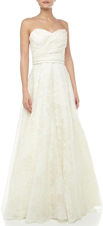 Hochzeit - Theia Strapless Lace-Print Bridal Gown, Off White