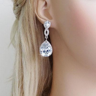 Hochzeit - Bridal Wedding Art Deco Teardrop Swarovski Crystal Zircon Dangle Earring