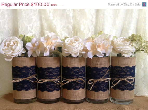 Wedding - 3 DAY SALE 5 Navy blue burlap and lace covered glass vase, wedding, bridal shower, baby shower, home decoration