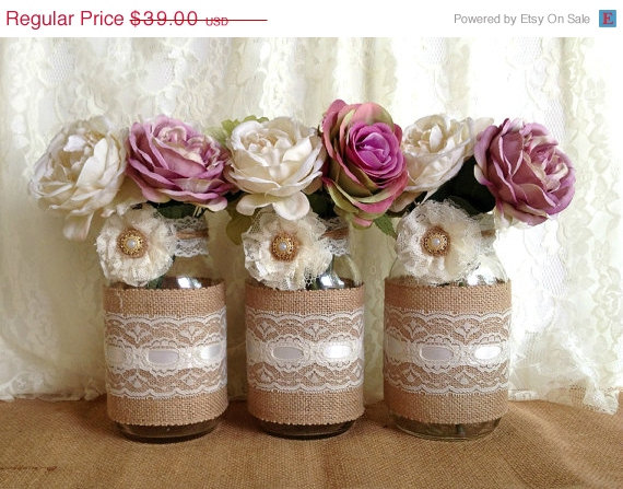 Mariage - 3 DAY SALE rustic burlap and lace covered 3 mason jar vases wedding deocration, bridal shower, engagement, anniversary party decor
