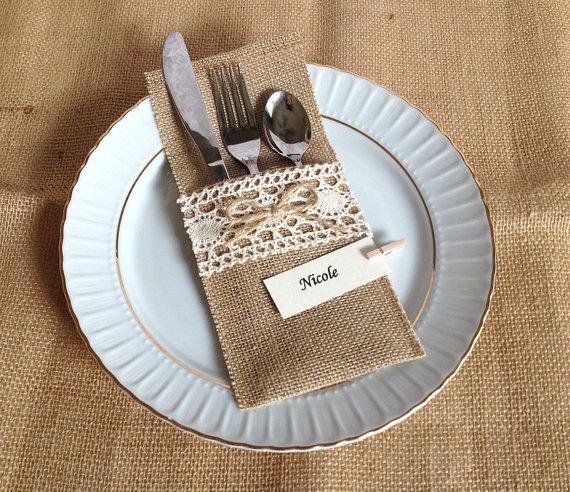 Свадьба - 10 burlap and lace rustic silverware holder, wedding, bridal shower, tea party table decoration