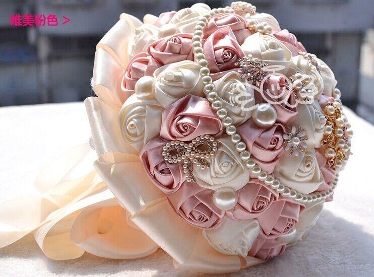 Decdeal 18cm Artificial Wedding Bouquet Satin Rose Pearls Rhinestones Bridal Bouquet Wedding Supplies-Ivory White Red