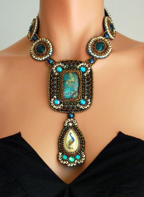 Hochzeit - Scarabs And Peacock - CUSTOM To Be ORDERED - Statement Necklace, Egyptian Scarab Necklace, Green Beaded Necklace, Glass Bead Embroidered