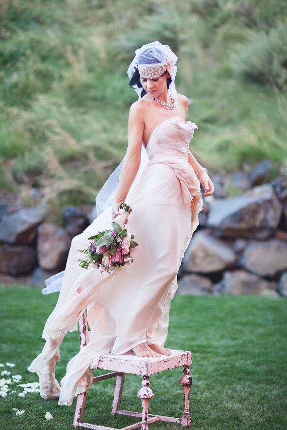 Wedding - Before Sunrise - One Off - Royal Blush Wedding Gown - Bohemian Full Train Flowers Pearls