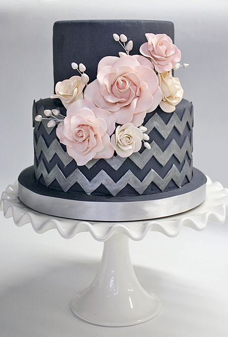 Wedding - A Blue Wedding Cake With Silver Chevron - - Two-Tiers With Pink Flowers By Coco Paloma Desserts
