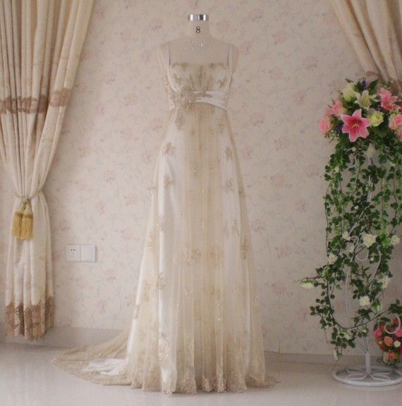 Wedding - Vintage Inspired Wedding Dress With Light Gold Lace And Charmeuse Empire Waist Style