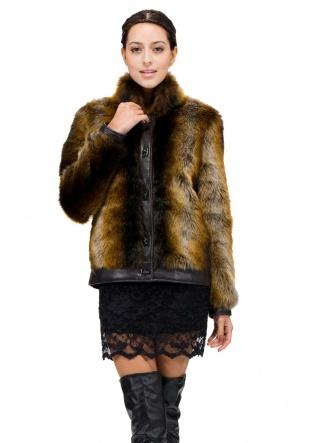 زفاف - Faux bunny fur with dark coffee leather trim short fur coat