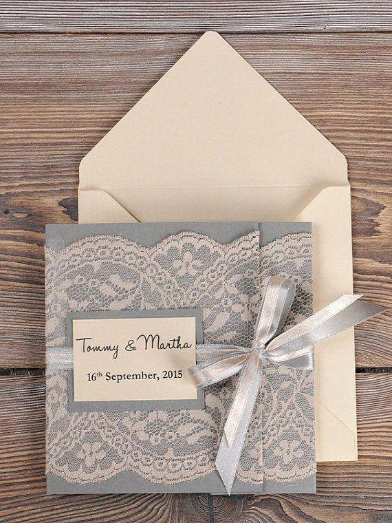 Wedding - Grey And Peach Lace Wedding Invitation, Pocket Fold Wedding Invitations , Vintage Wedding Invitation