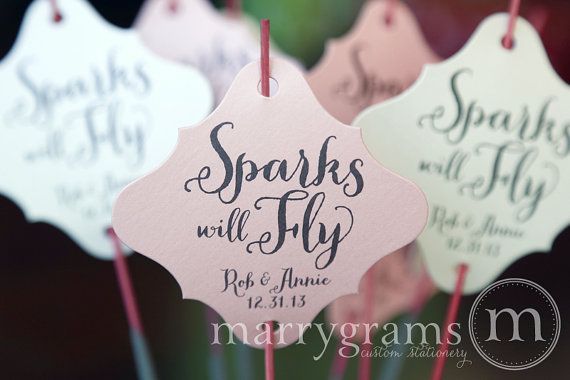 Свадьба - Wedding Sparkler Tags - Sparks Will Fly Send Off - Wedding Favor Tags Script Custom With Names And Date -Silver, Pink, Gold (Set Of 24) SS02