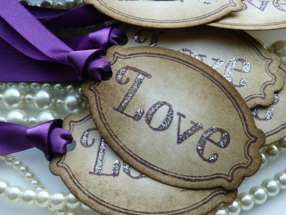 Свадьба - Purple Wedding Favor Tags - Vintage Style - Set Of 50 Labels - Custom Tags An Option - Your Choice Of Ribbon Color