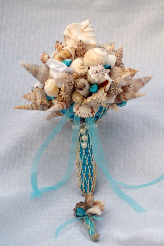 Wedding - Blue Seashell Bouquet And Boutonniere Set/ Beach Wedding/ Destination Wedding/ Seaside Wedding