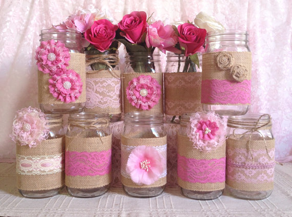 زفاف - 10x rustic burlap and pink lace covered mason jar vases wedding decoration, bridal shower, engagement, anniversary party decor