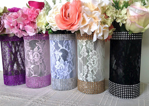 Hochzeit - 10x lace and rhinestone covered glass vases, wedding, bridal shower, tea party table centerpieces