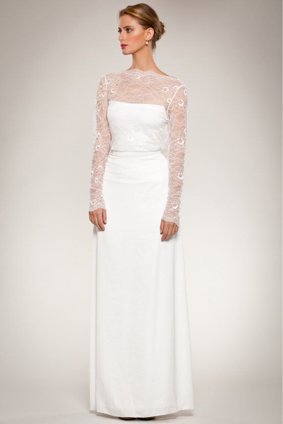 زفاف - Long Sleeve Lace Wedding Gown Dress With Open Cowl Neck Draped Back Full Flared Satin Skirt Fitted Waist Romantic Minimal Design Custom Made