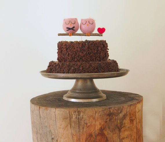 Hochzeit - Rustic Wedding Cake Topper, Woodland Love Owls, Pastel Pink, Needle Felted Unique