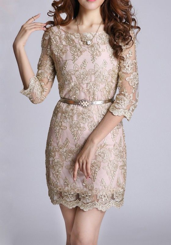 Hochzeit - Golden Floral Half Sleeve Wrap Lace Vintage Dress
