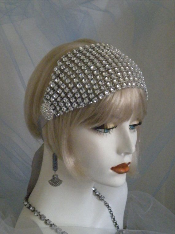 Hochzeit - 1920's Headpiece, Flapper Headband, Gatsby, Old Hollywood, Vintage Style, Ribbon, Silver, Crystal, No. 99