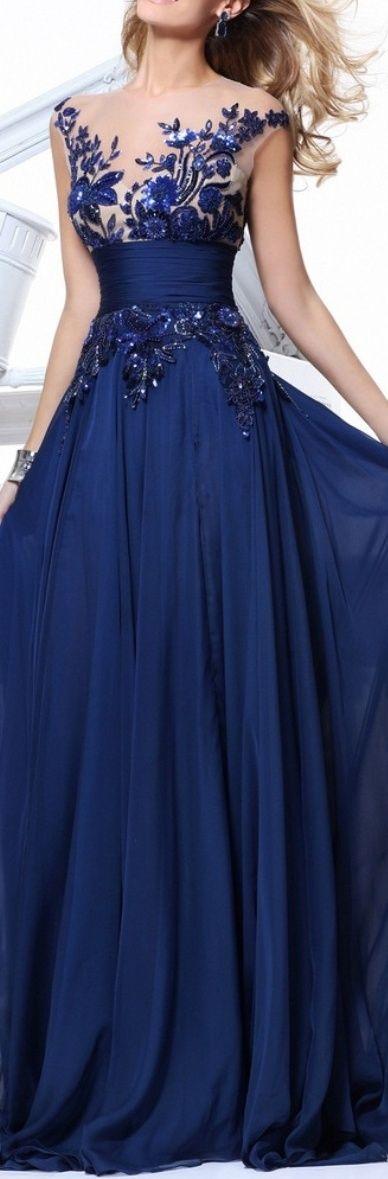 Hochzeit - 2014 Plus Size Blue See Through Chiffon Long Prom Party Dress Evening Gown US 16