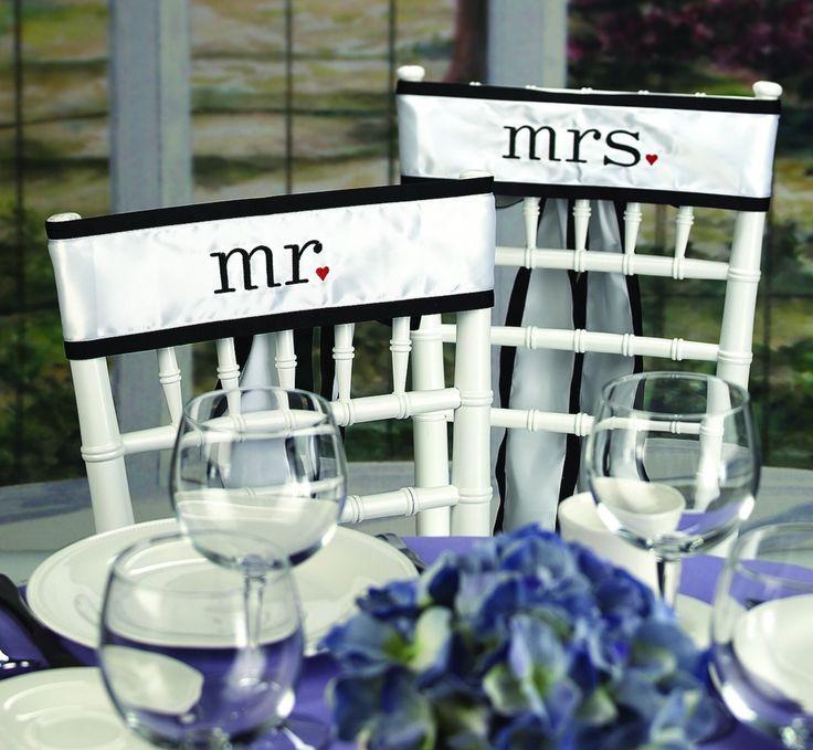 Hochzeit - Hortense Rose Pair Of Mr. And Mrs. W/ Black Ribbon Wedding Chair Sashes