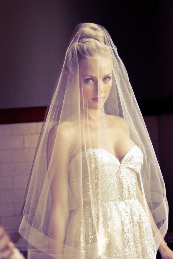 زفاف - Bridal Drop Wedding Veil With Thick Horse Hair Border, Simple Ivory Bridal Illusion Veil With Blusher And Large Ribbon Edge